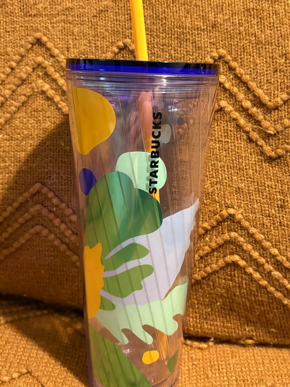 Starbucks Clear Tropical Leaf Tumbler with Yellow Straw & Blue Rim
